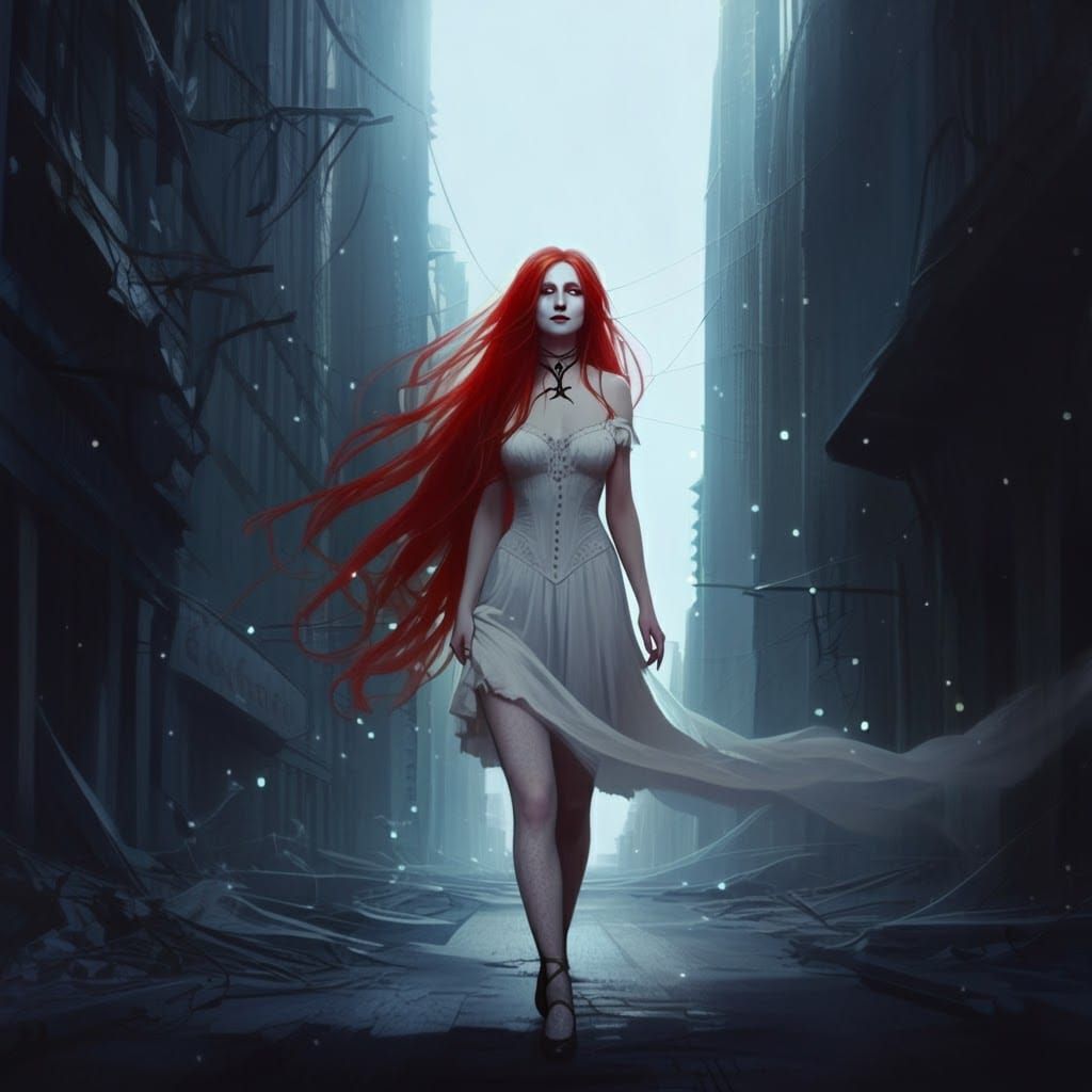 Red-Haired Woman in Post-Apocalyptic City, Fantasy Art