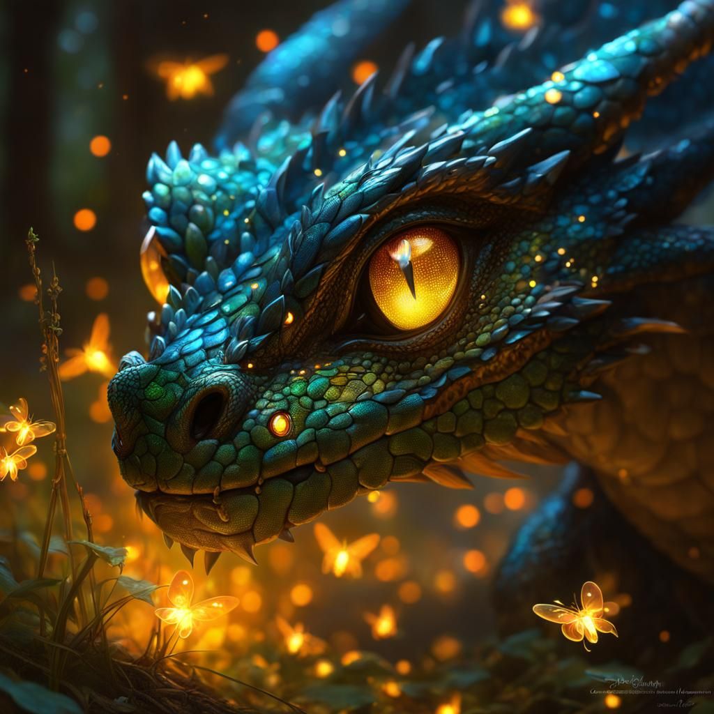 Adorable Dragon with Luminous Fireflies, Anime Style