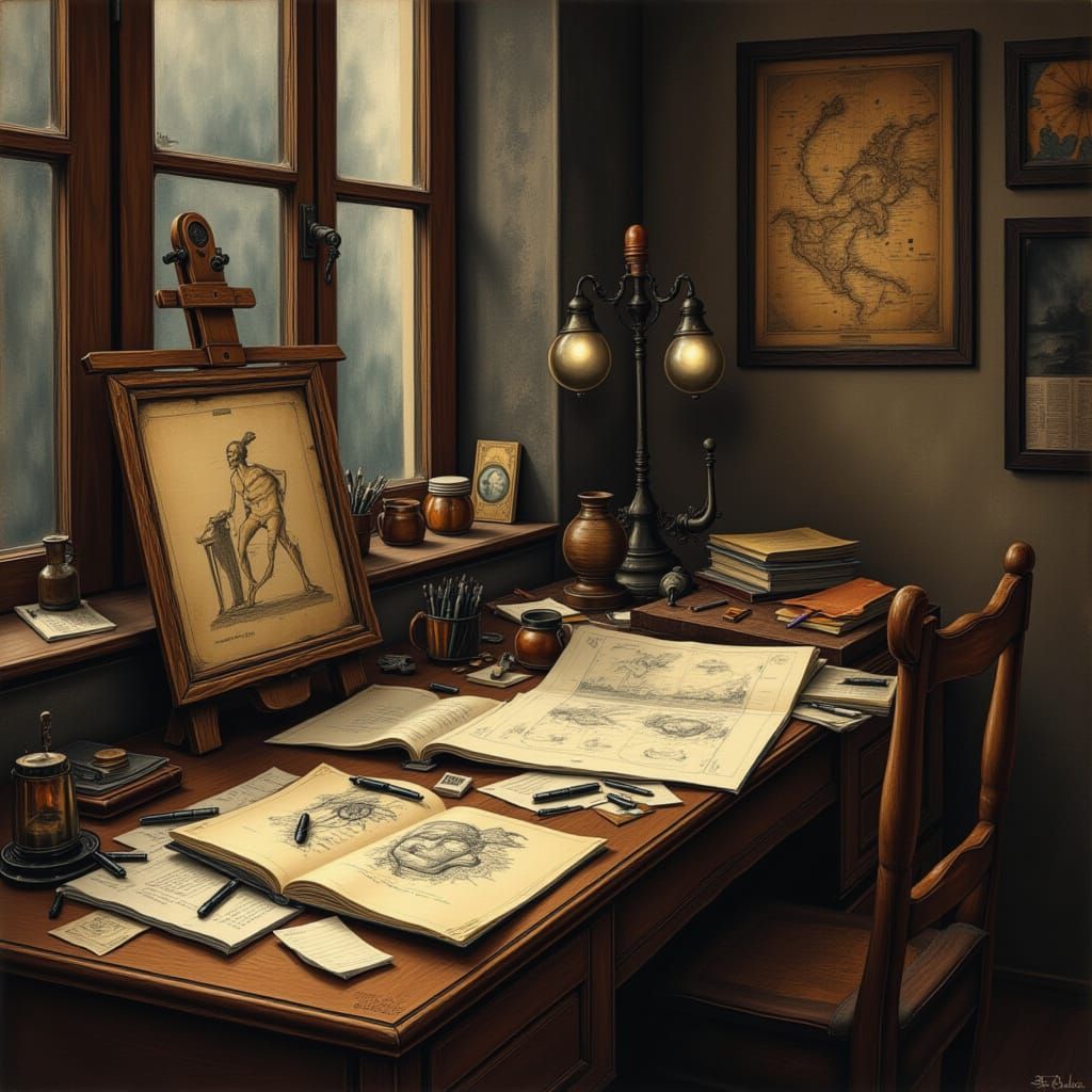 Cluttered Desk with Journal and Art Supplies