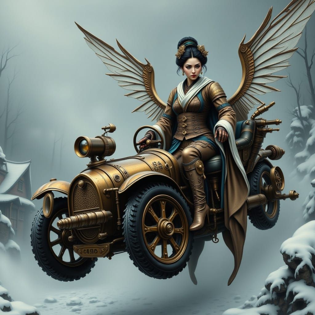 Steampunk Geisha in Flying Car, Retrofuturistic Art