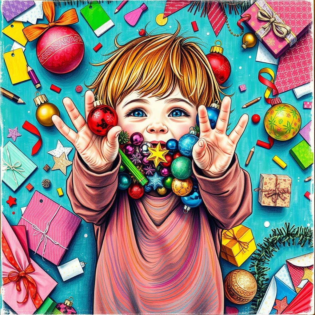 Festive Christmas Decorations in Childlike Colored Pencil St...
