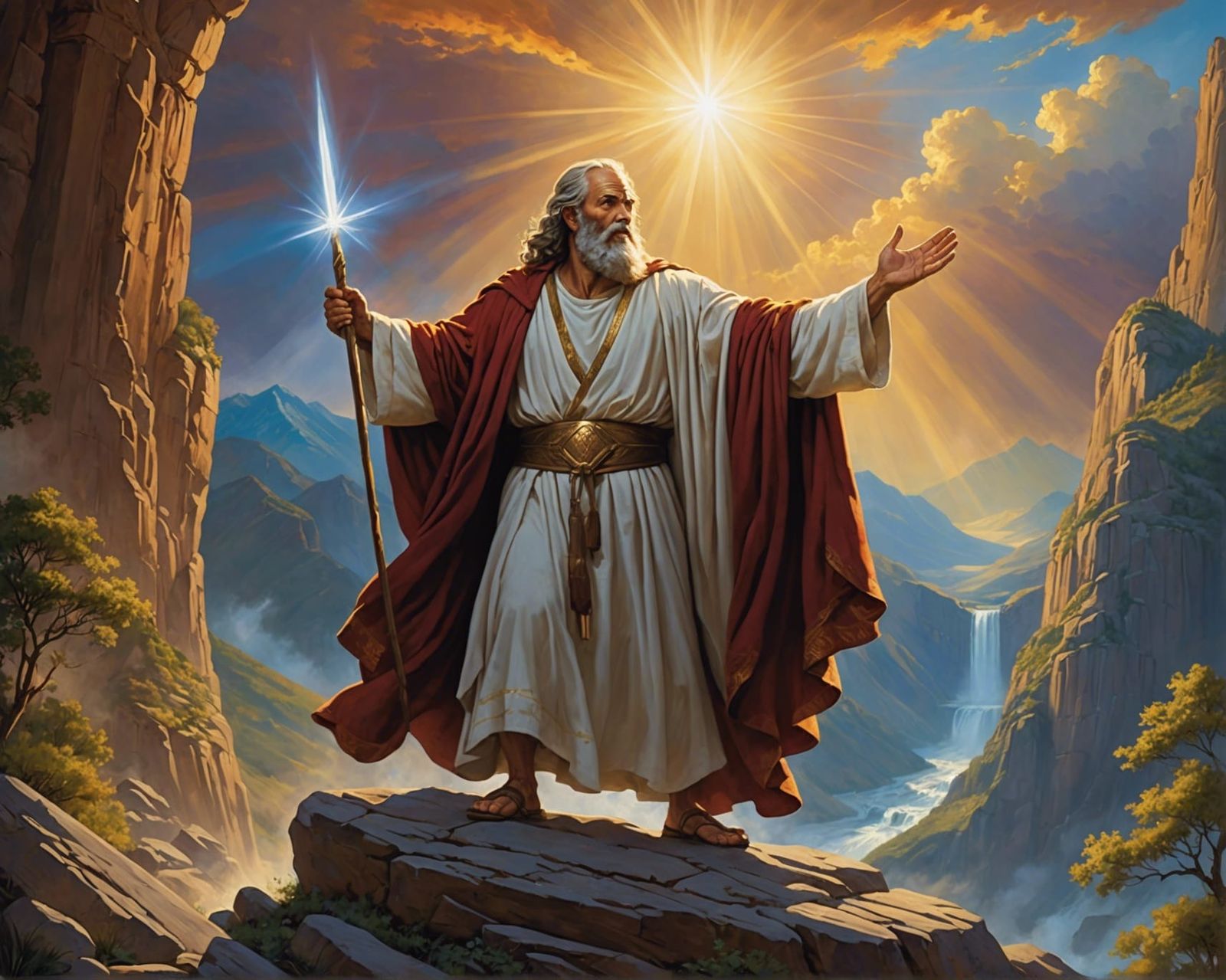 Moses on top of a majestic mountain