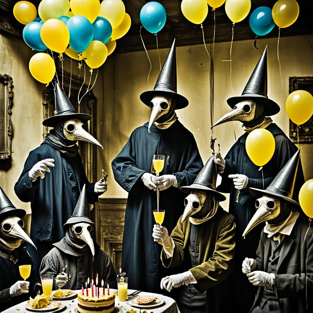 Surreal Plague Doctors Celebrate Absurd Birthday