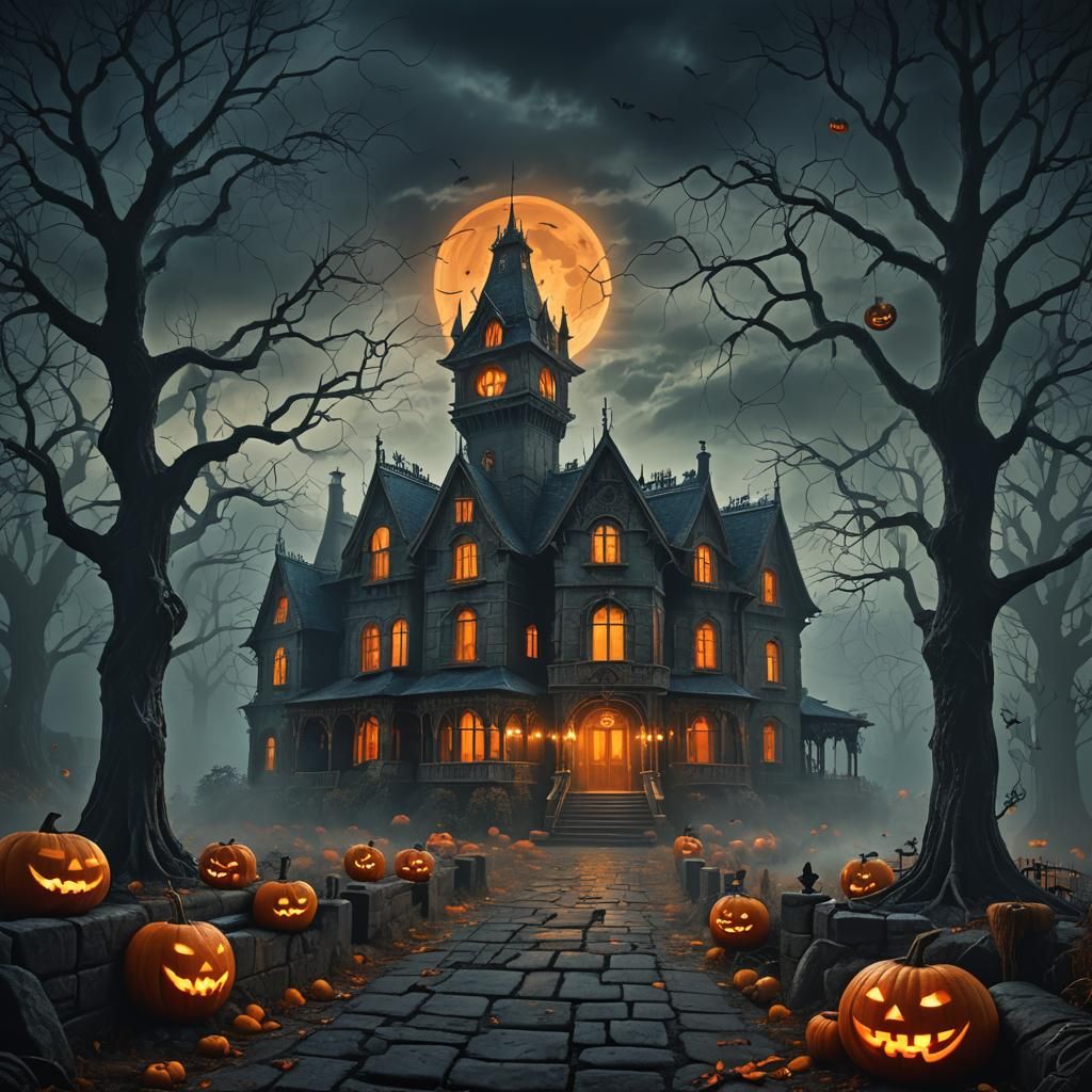 Spooky Mansion Glowing with Jack-o'-Lanterns in Dark Fantasy...