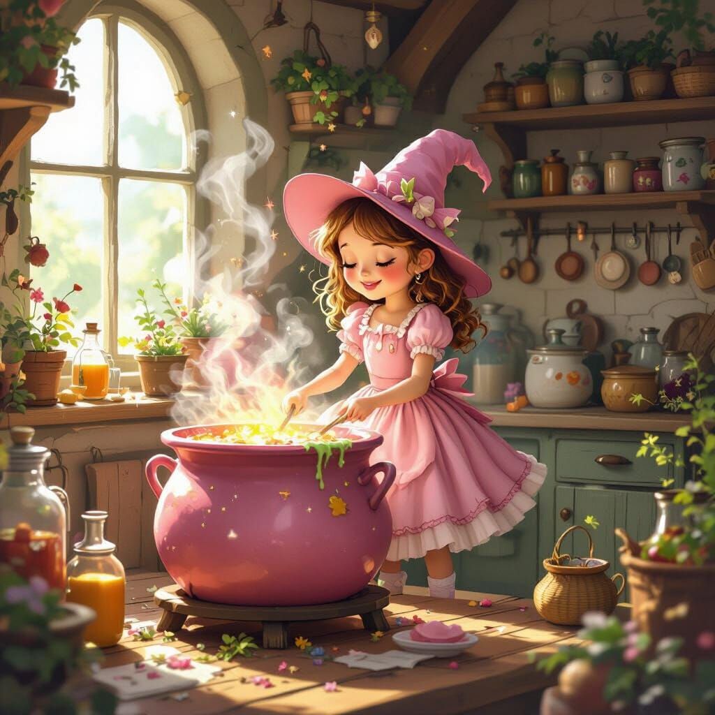 Whimsical Witch Stirs Pink Cauldron in Herbal Kitchen