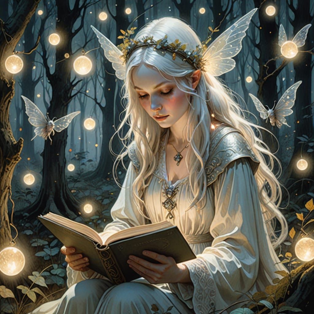 Enchanting White Witch Reading Book in Fairy Forest