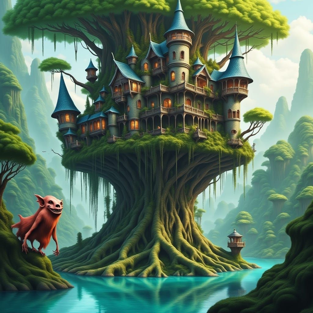 Whimsical Castle Atop Tree with Ghost, Digital Painting