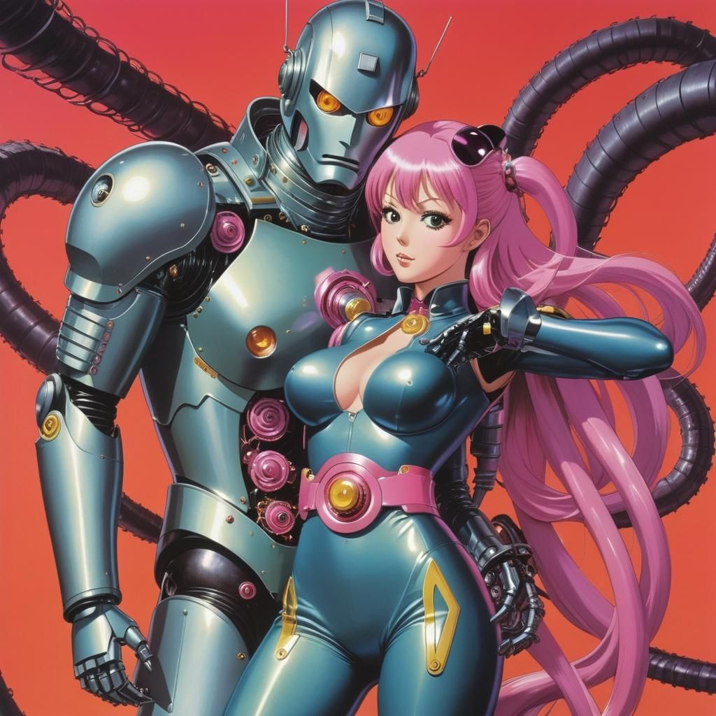 Robot and Woman in 1970s Anime Style