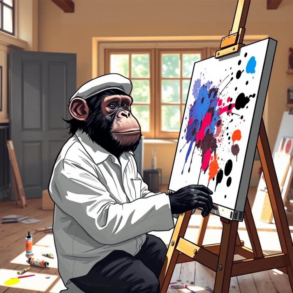 Ape Making Ink Splatter Art in Studio
