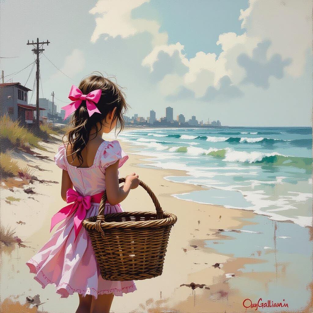 Dystopian Beach Girl with Basket, Grunge Oil Painting