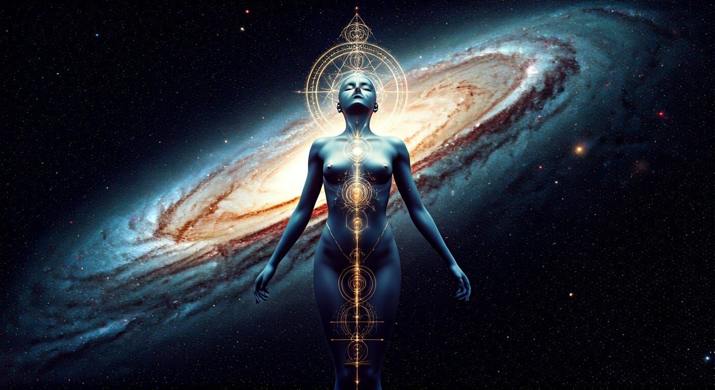 Surreal Goddess of Space Amidst Swirling Nebula in Cosmic Re...