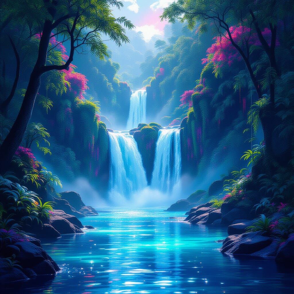 Majestic 3D Waterfall in Neon Forest