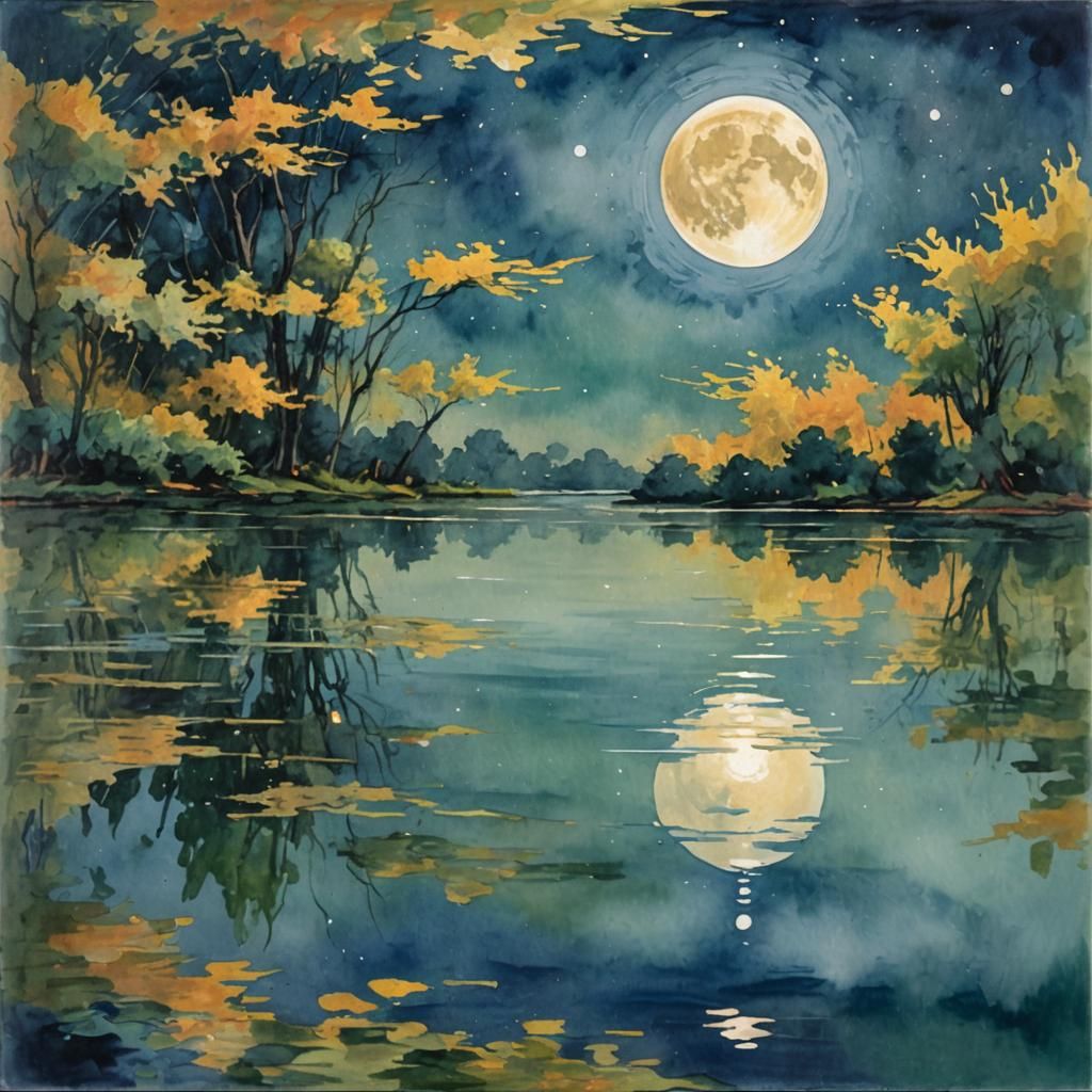 Moon's Reflection in Gouache Style Watercolor