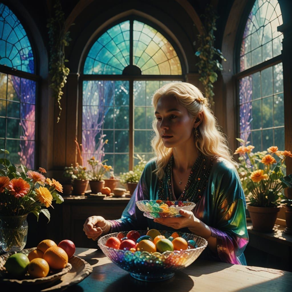 Serene Pleiadian Goddess in Dreamlike Open-Air Home