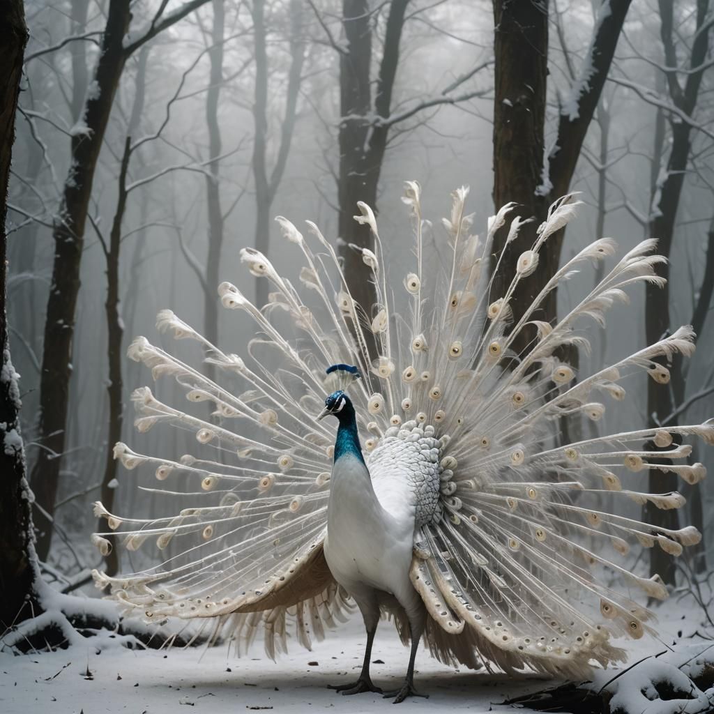 White Peacock in Misty Forest, Rutkowski Style
