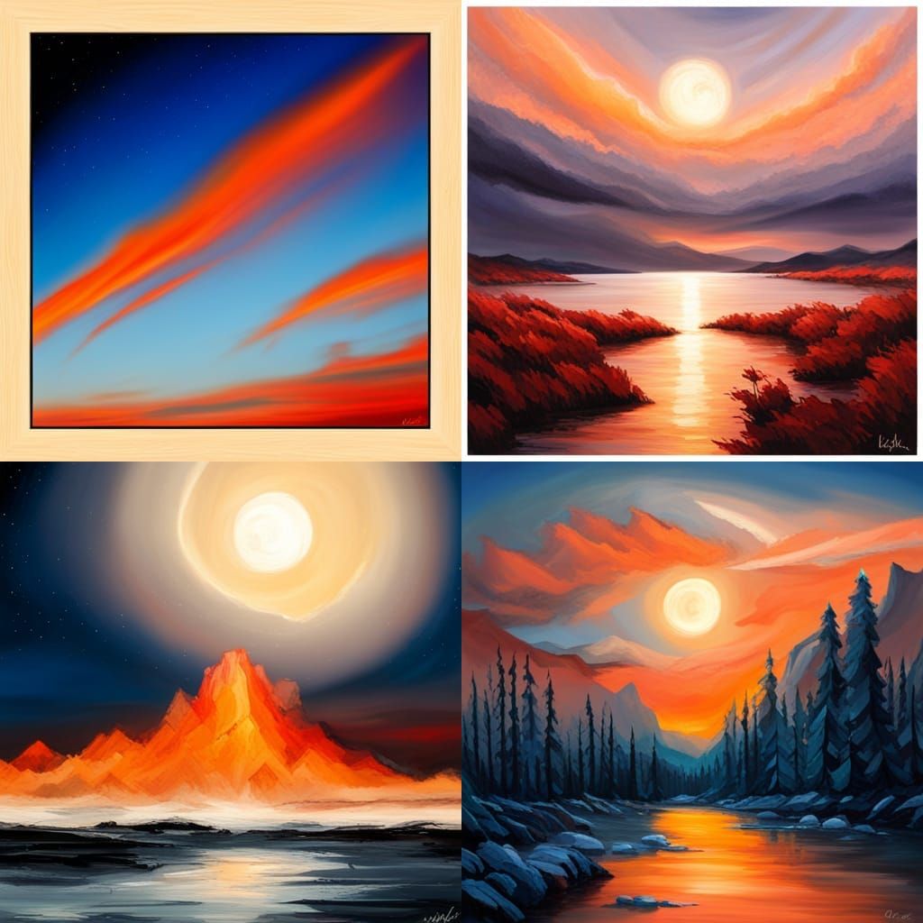 Fiery Sky and Burning Moon with Blue Stars