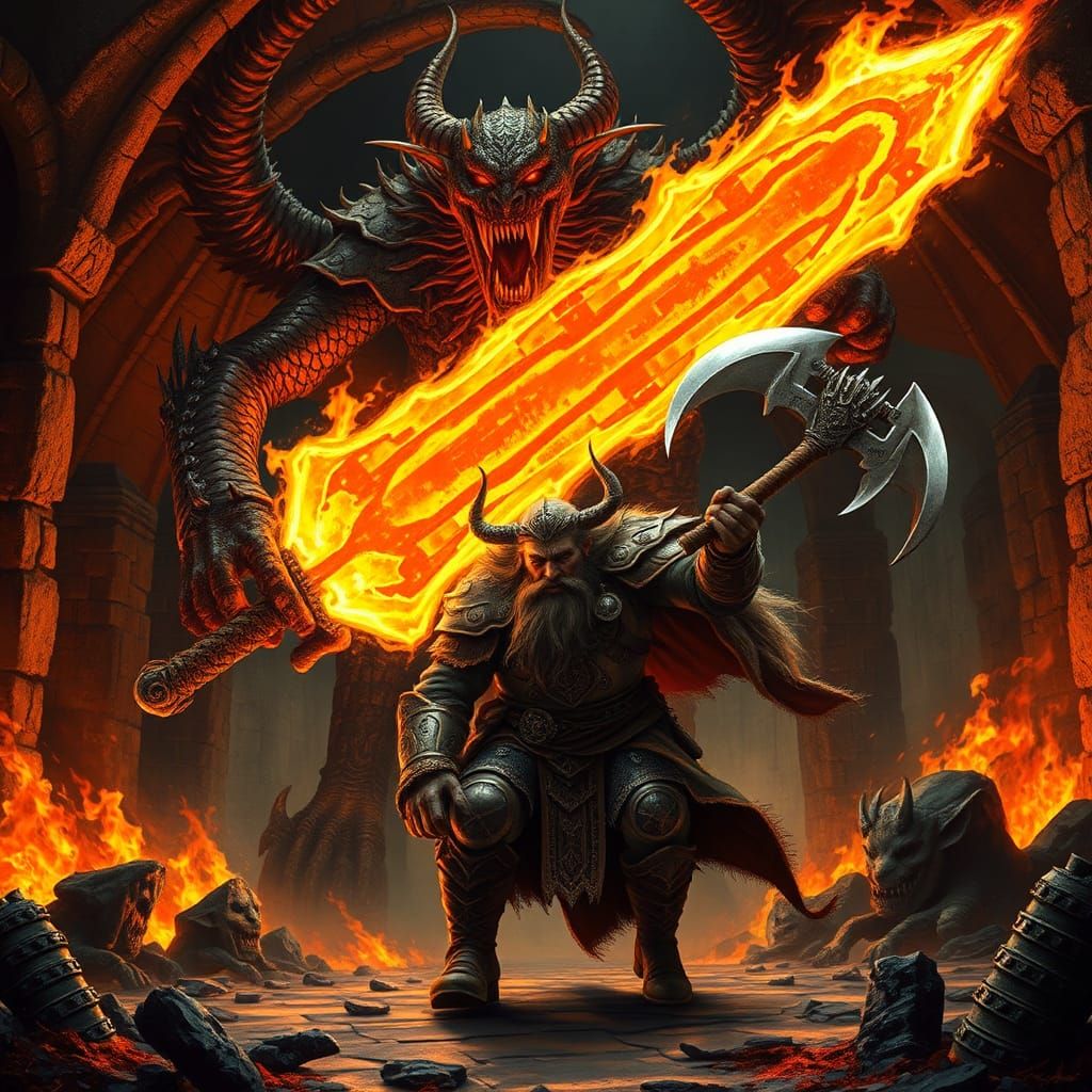Epic Battle: Durin vs Balrog in Fantasy Art Style
