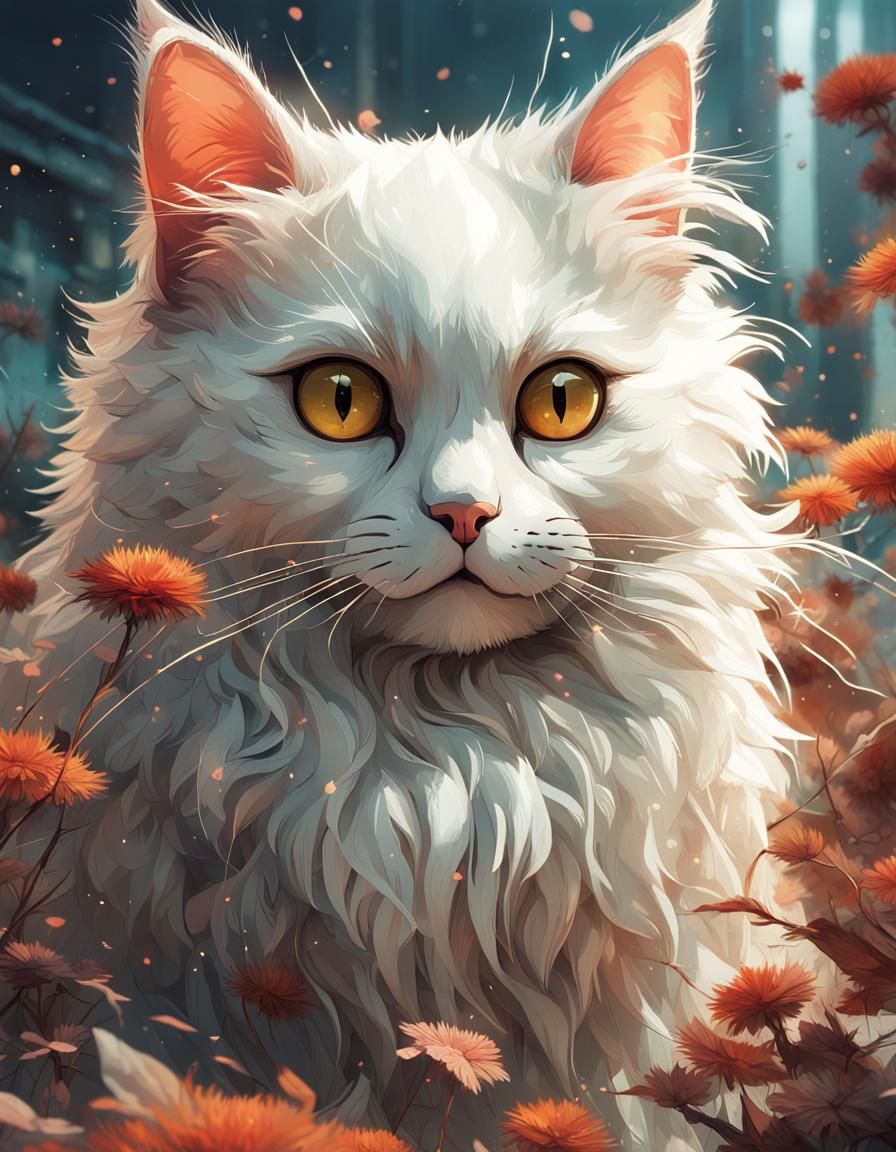 Fluffy Cat with Opulent Eyes: Digital Art
