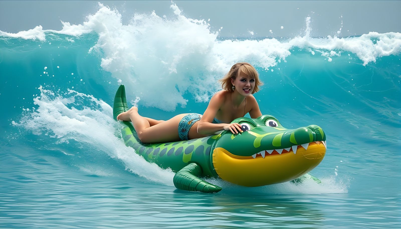 Taylor Swift Rides Vinyl Alligator Pool Toy in Tropical Ocea...