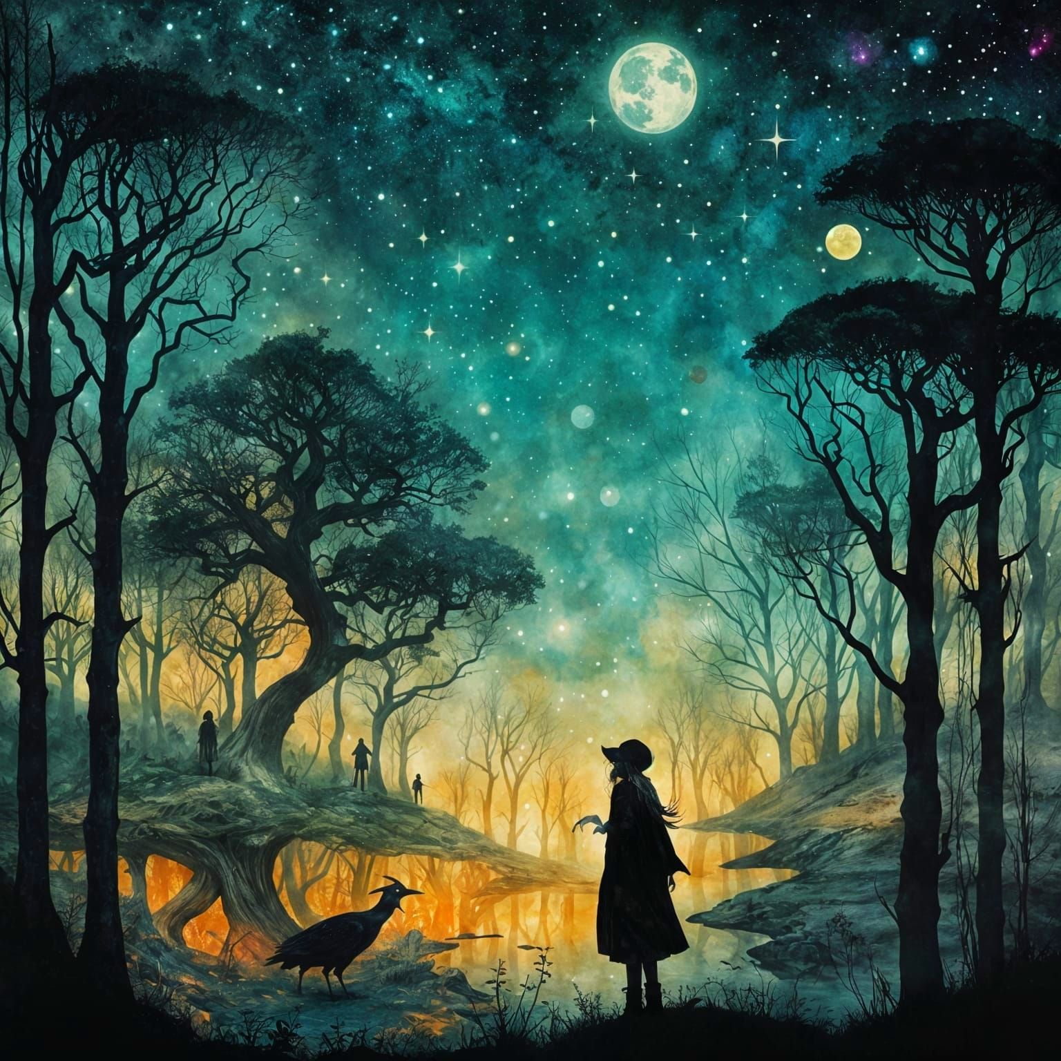 Woman's Silhouette Against Ethereal Galaxy and Nature