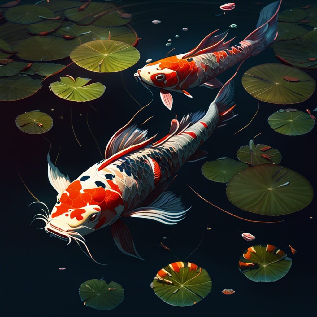 Koi Fish in Dark Fantasy Underwater Scene