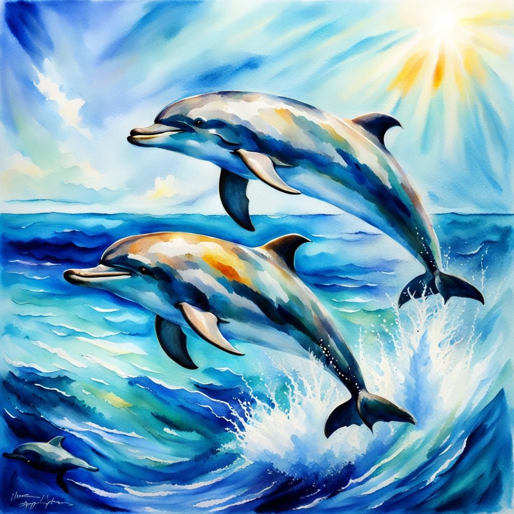 Dolphins Leaping: Impressionist Watercolor in Sunlight