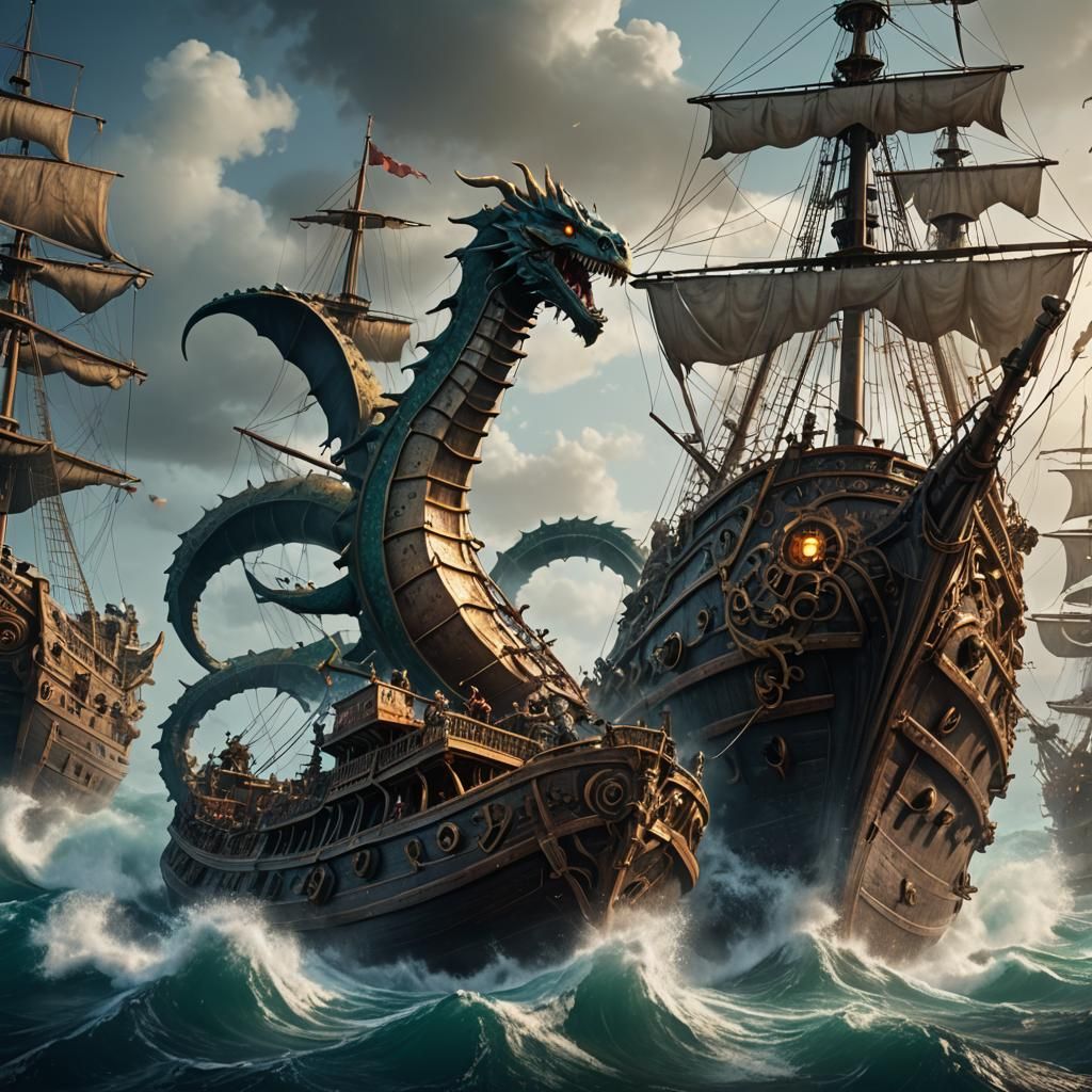 Mechanical Sea Serpent Attacks Pirate Ship
