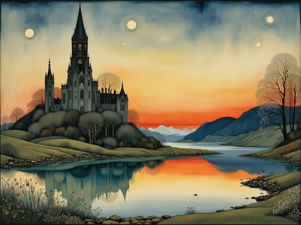 Ancient City Reflected in Sunset Lake in Enchanted World Sty...