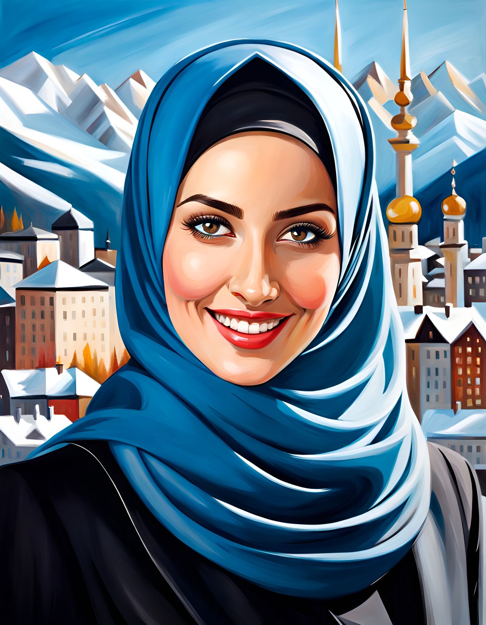 Elegant Hijabi Woman in City, Oil Painting