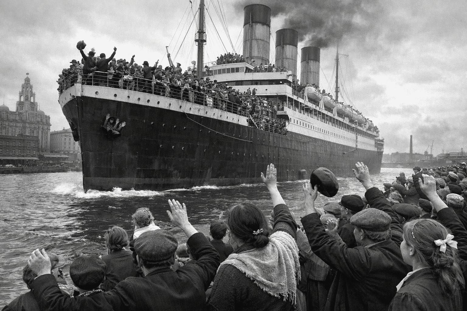1910s Ocean Liner Departs Liverpool Docks as Migrants Wave G...