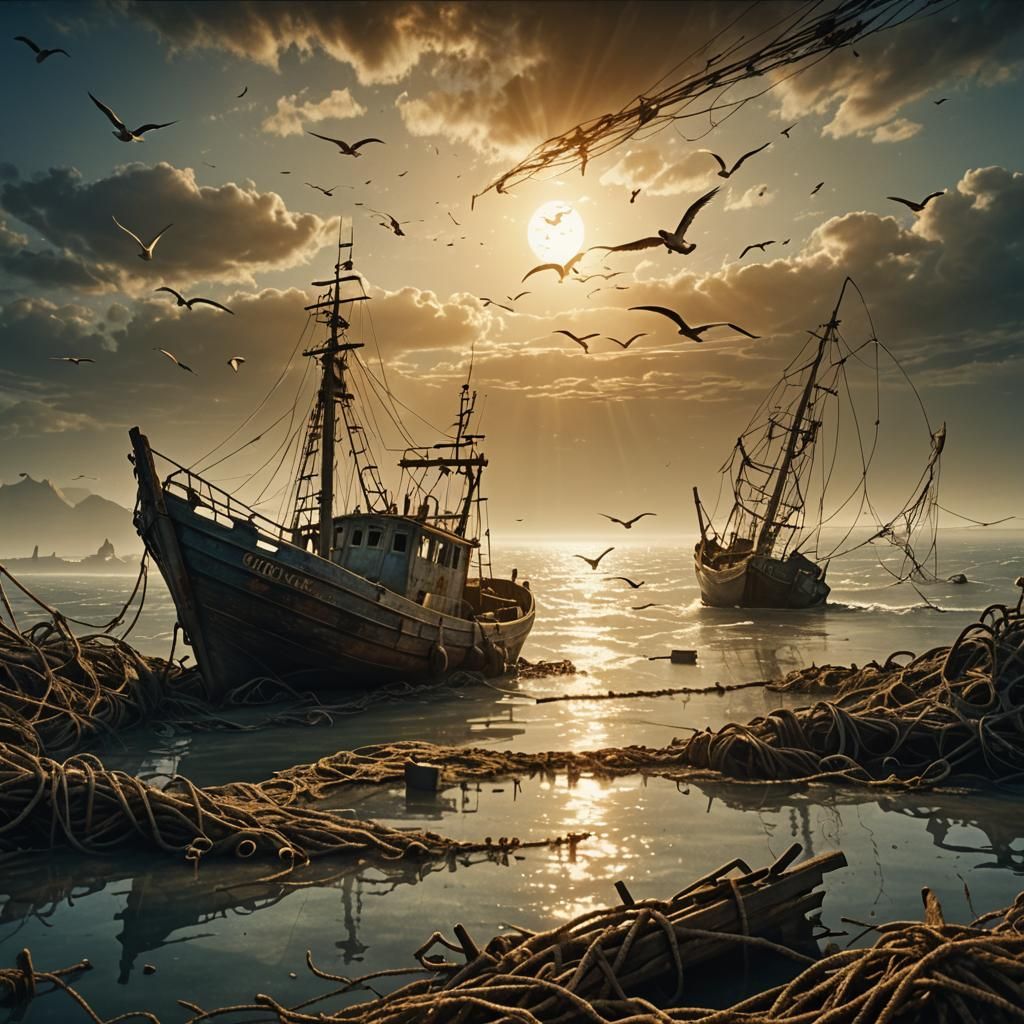 Weathered Fishing Boat Drifting in Calm Waters