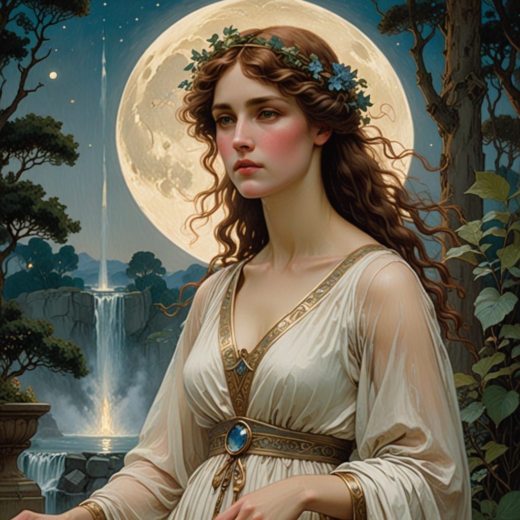Woman in White Gown Under Moonlight, Pre-Raphaelite Style