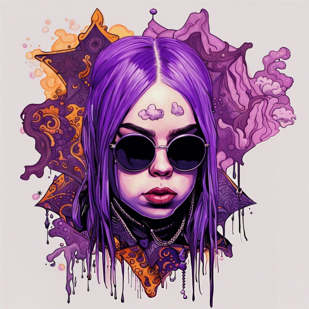 Billie Eilish as Goth Rockstar in Psychedelic Pop Art