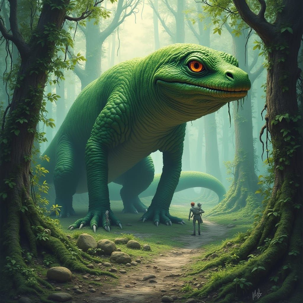 Dog-Headed Lizard Creature in Jungle, Frazetta Style