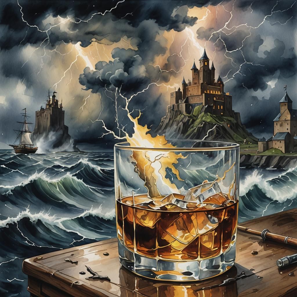 Sea Storm in Whiskey Glass: Surreal Watercolor