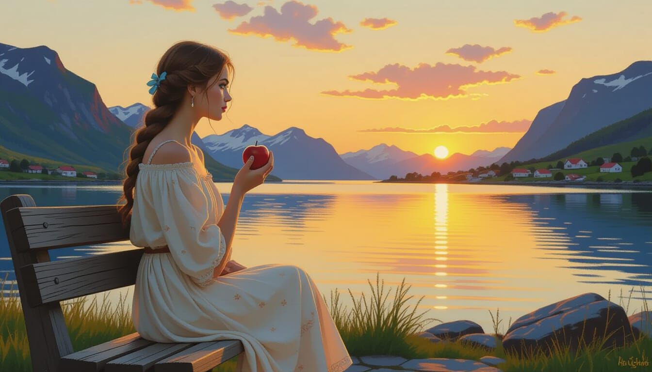 Viking Woman Gazing at Fjord in Painterly Style