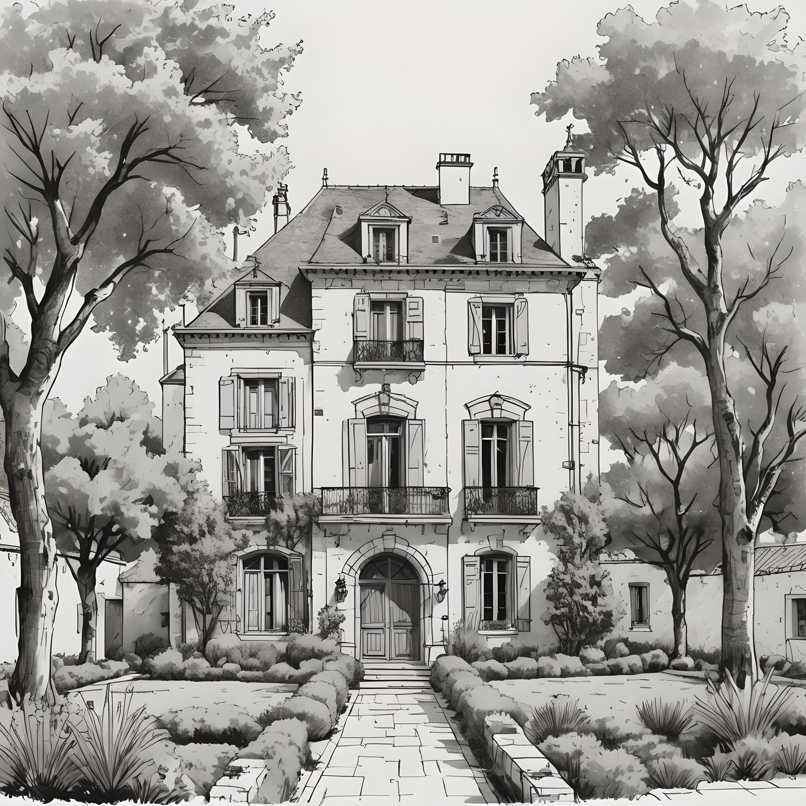 Line Art Sketch of Manor in France