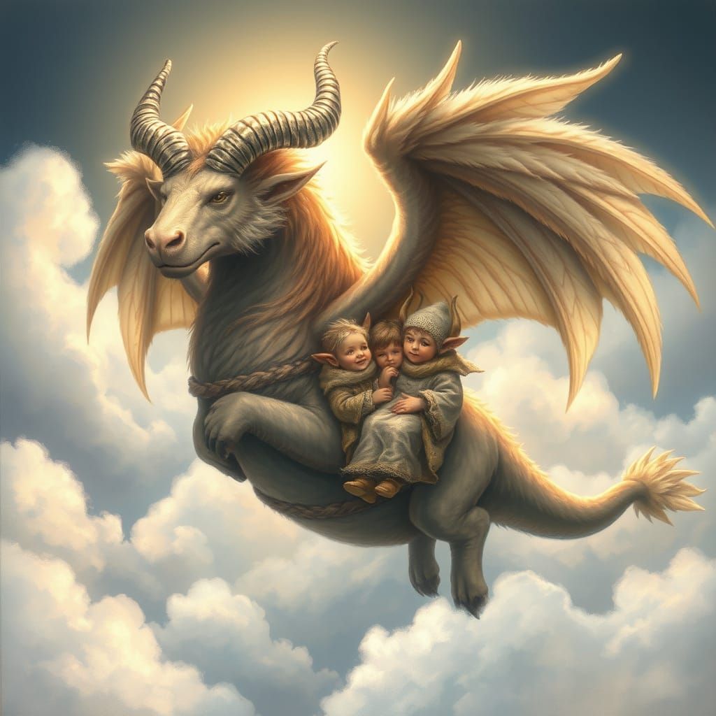 Majestic Sky Beast Protecting Children in Ethereal Clouds