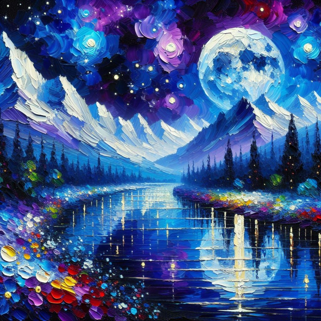 Starry River Reflecting Oversized Moon in Impasto Style