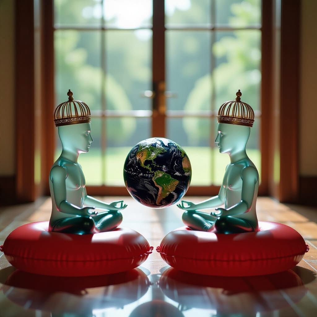 Glass Figures Meditate on Balloons Discussing Earth's Future