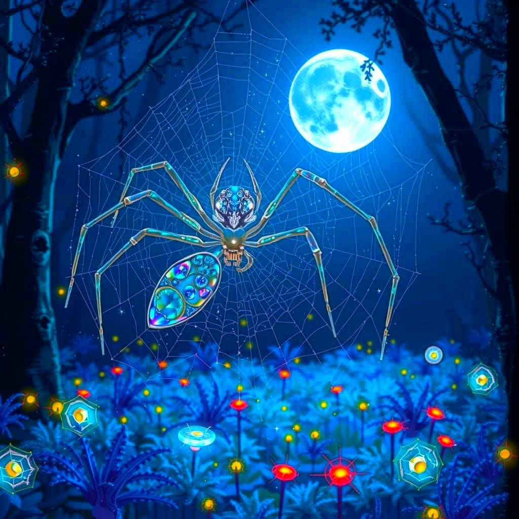 Glowing Forest Spider Weaves Celestial Web
