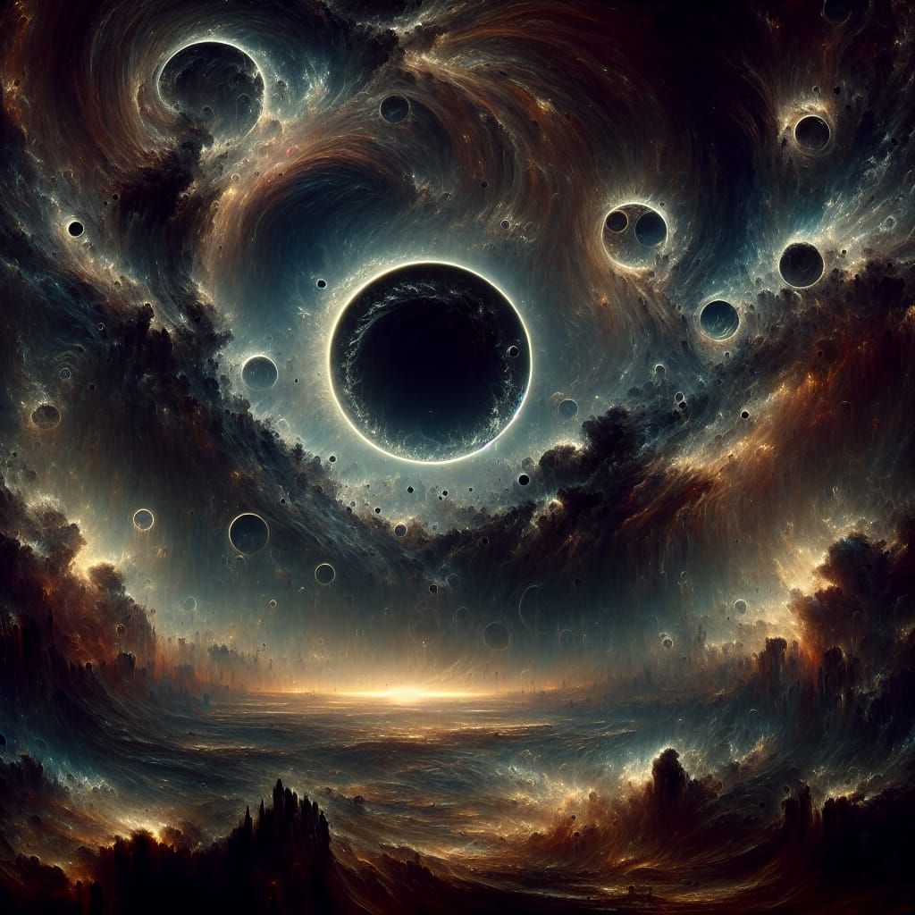 Eldritch Dark Circles in Cosmic Sky, Detailed Fantasy Art