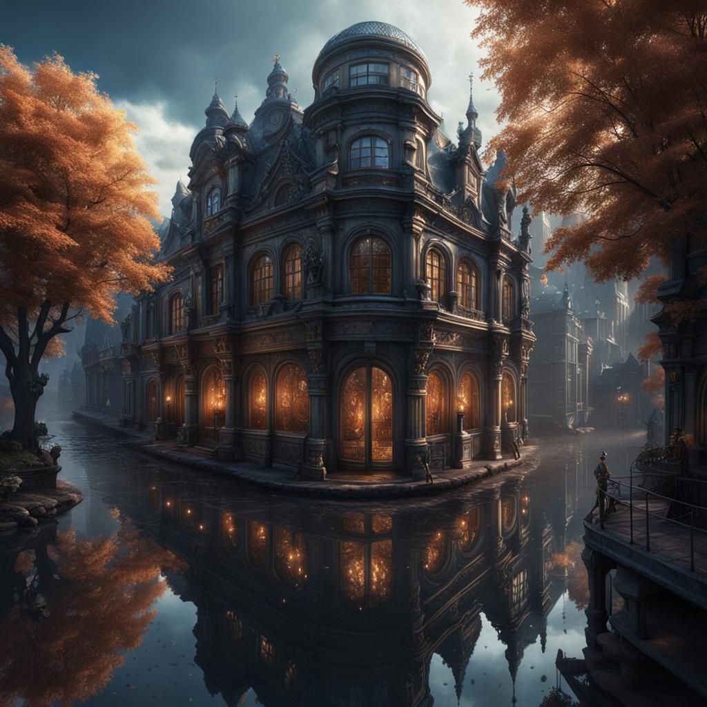 Mystical Building Reflected in Street Puddle