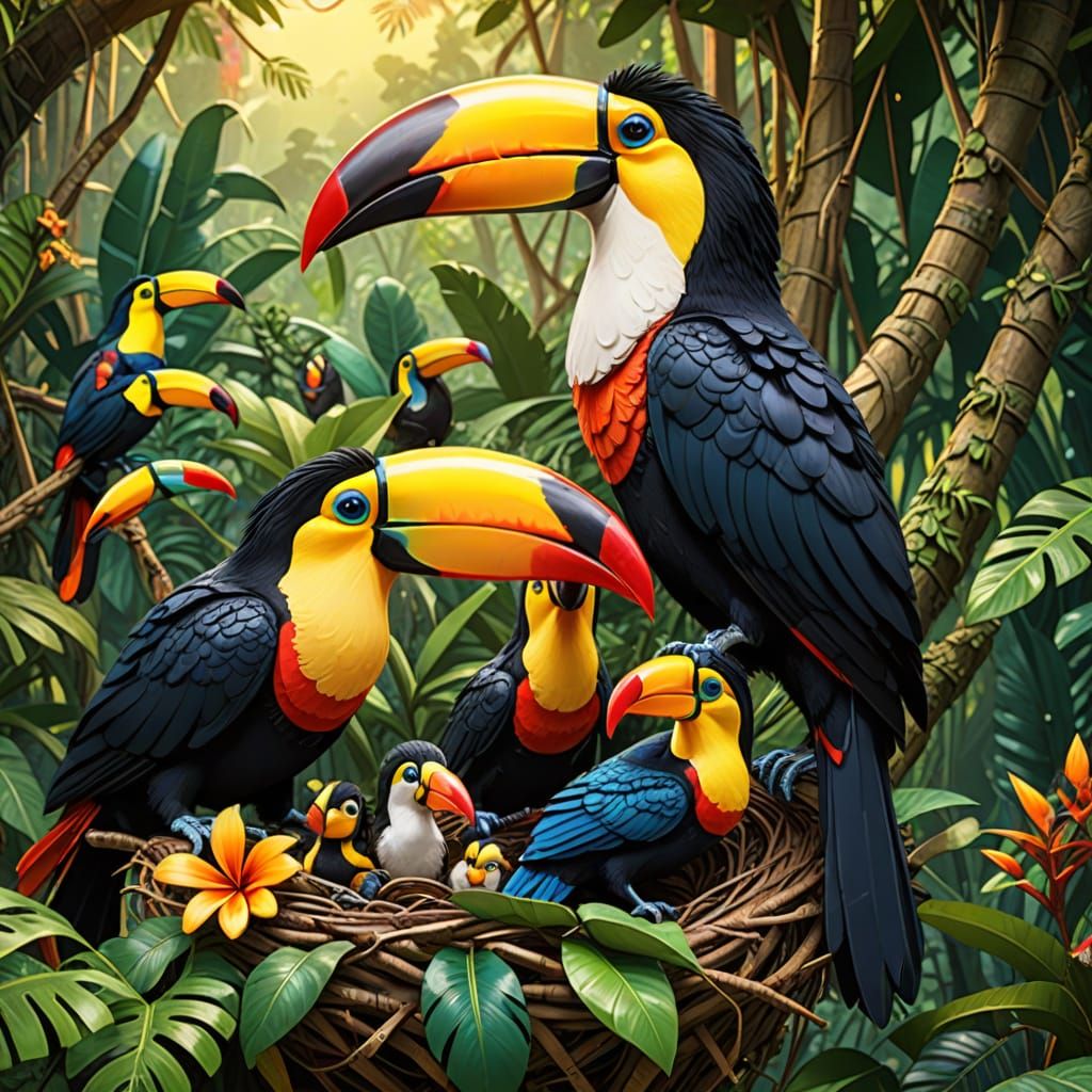 Vibrant Toucan Family in Lush Lacandon Jungle