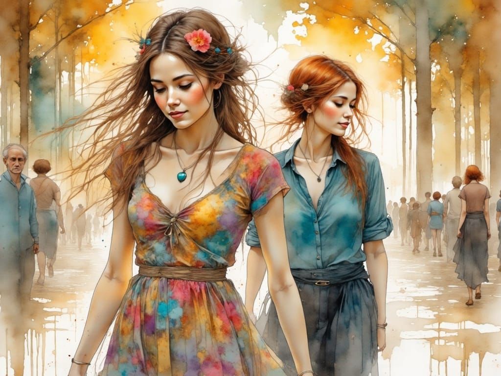 Women in Art Museum, Dreamy Watercolor Style