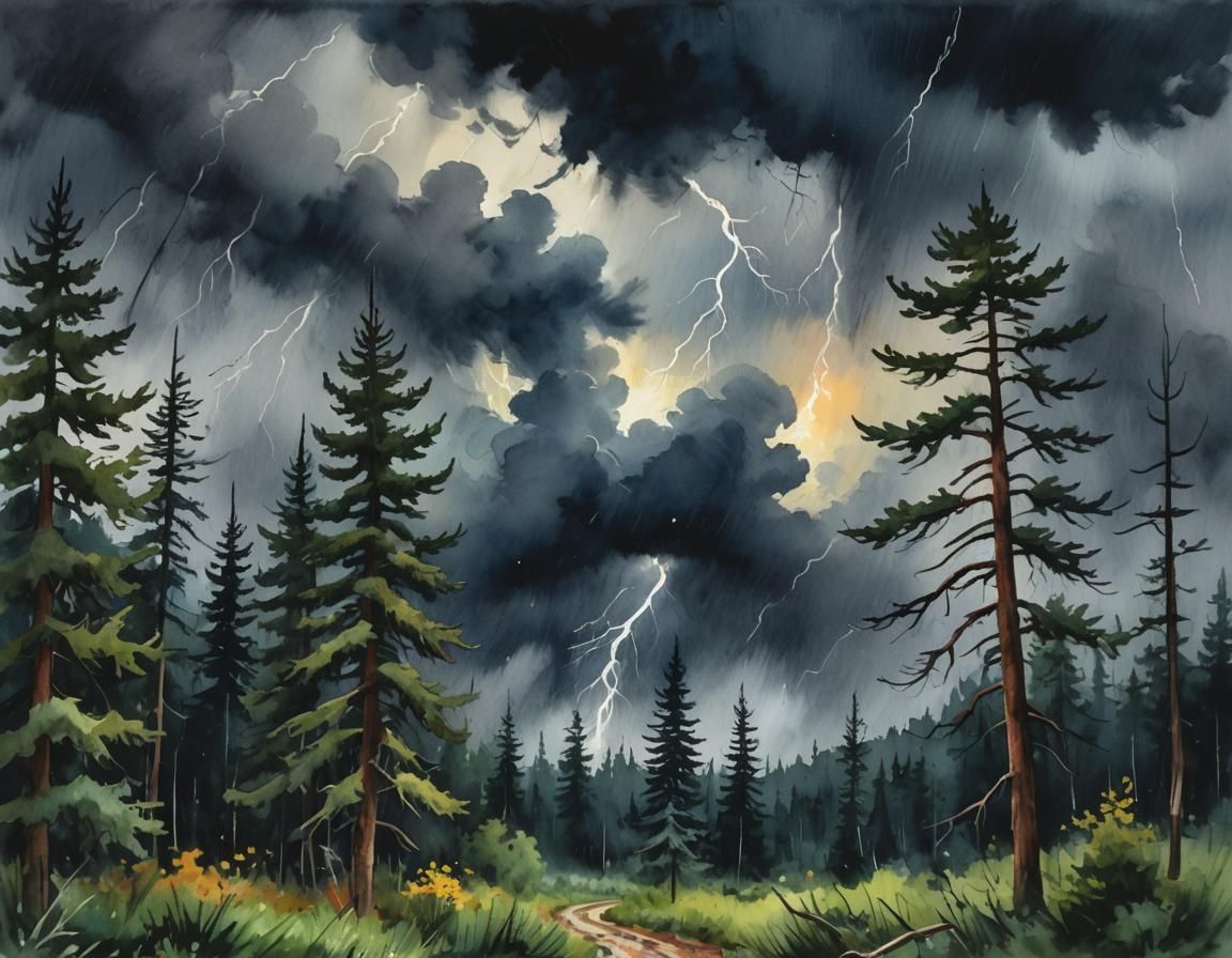 Temperate Forest Thunderstorm as Impressionist Gouache