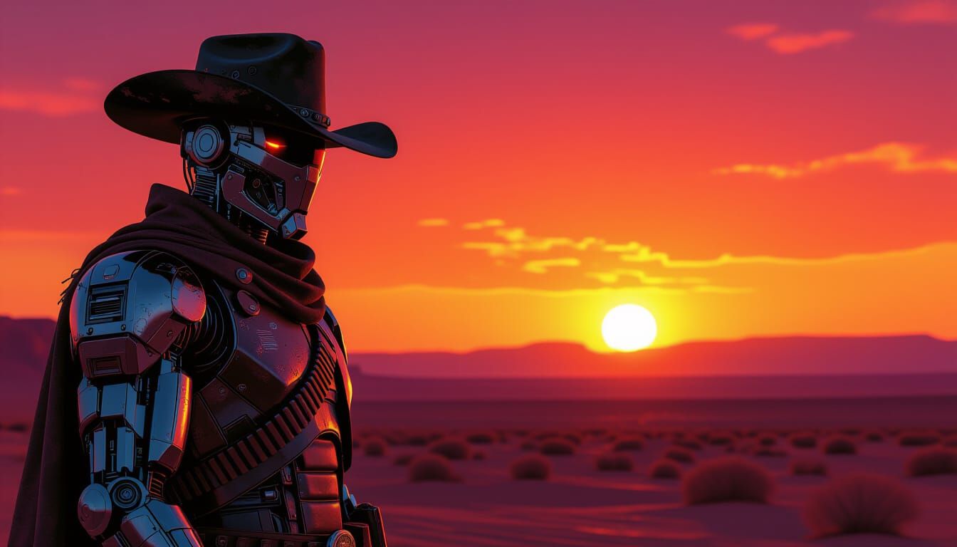 Cyborg Cowboy in Binary Sunset