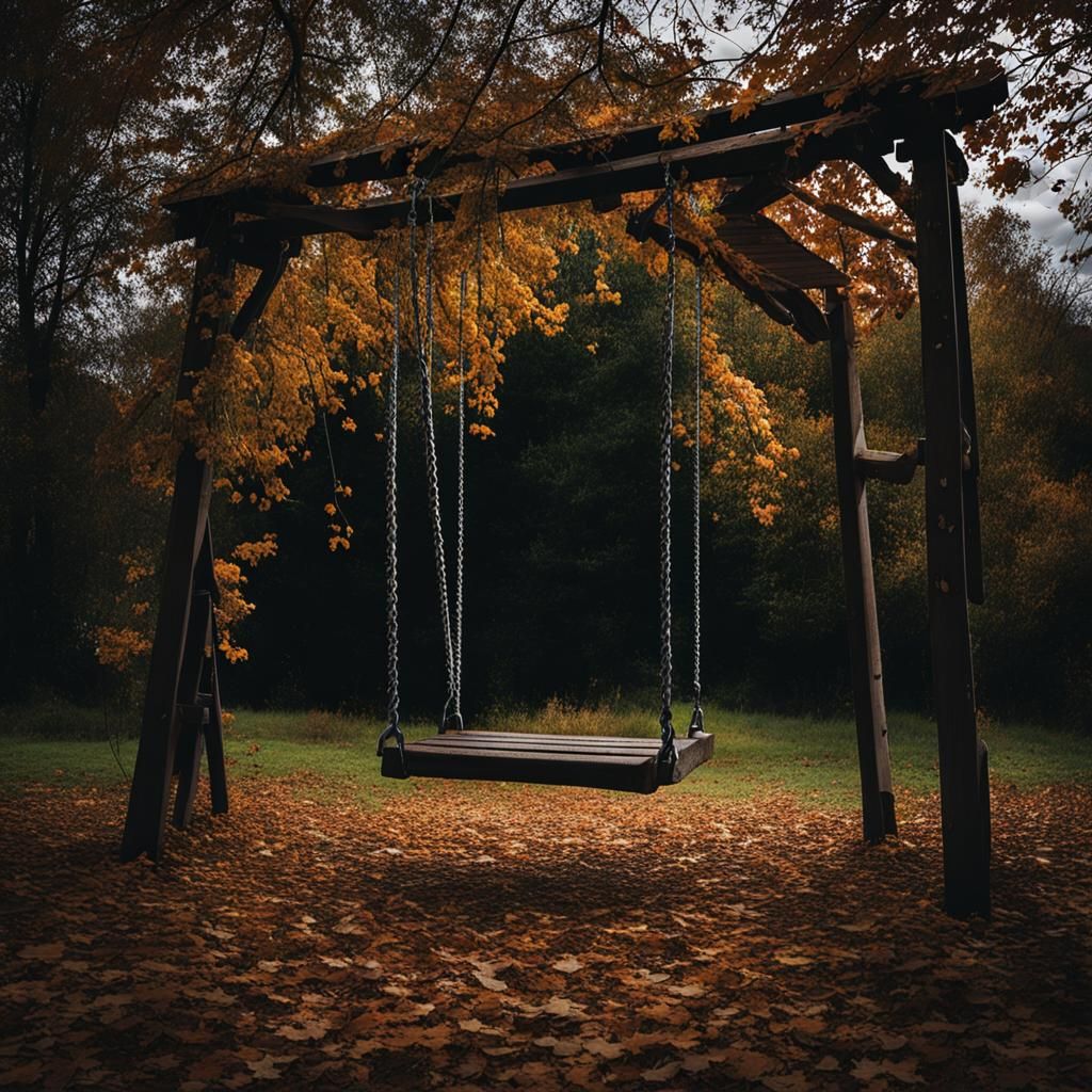 Broken Wooden Swing in Autumnal Abandoned Playground