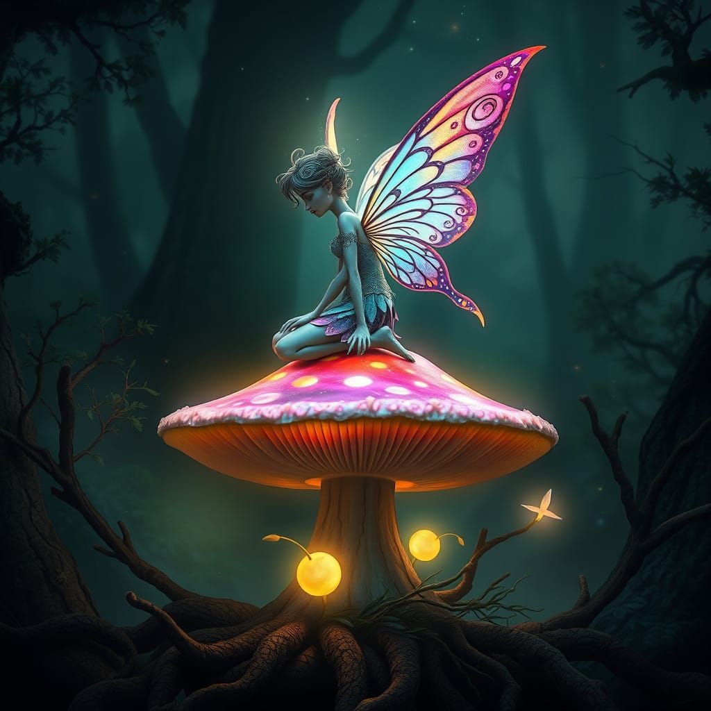 Ethereal Fairy in Bioluminescent Forest