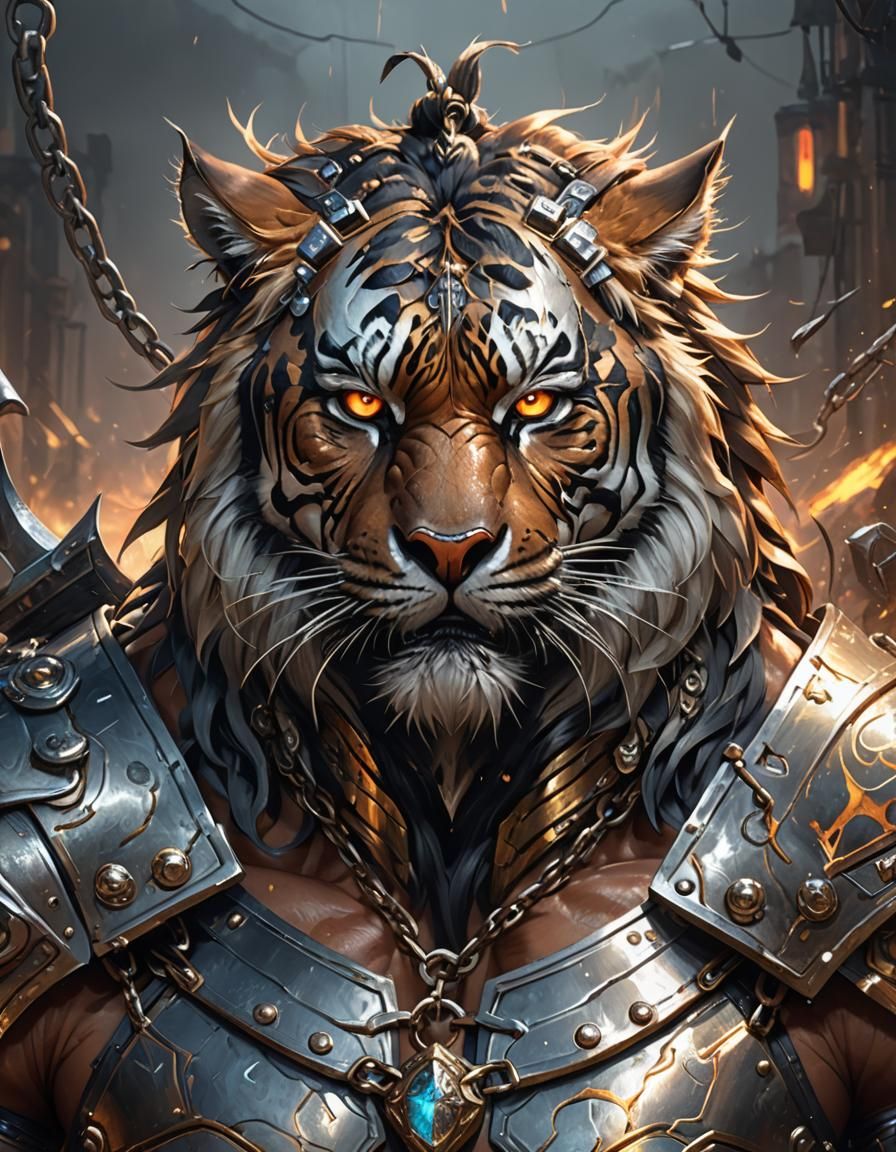 Spikes and chains glowing eyes tiger from hell with massive muscular muscle wearing armor knight